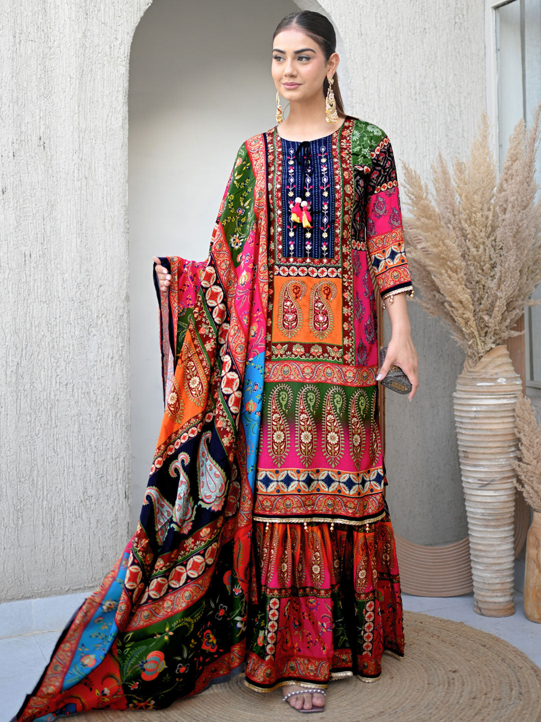 Multi Printed Chinon Straight Sharara Suit Set With Dupatta