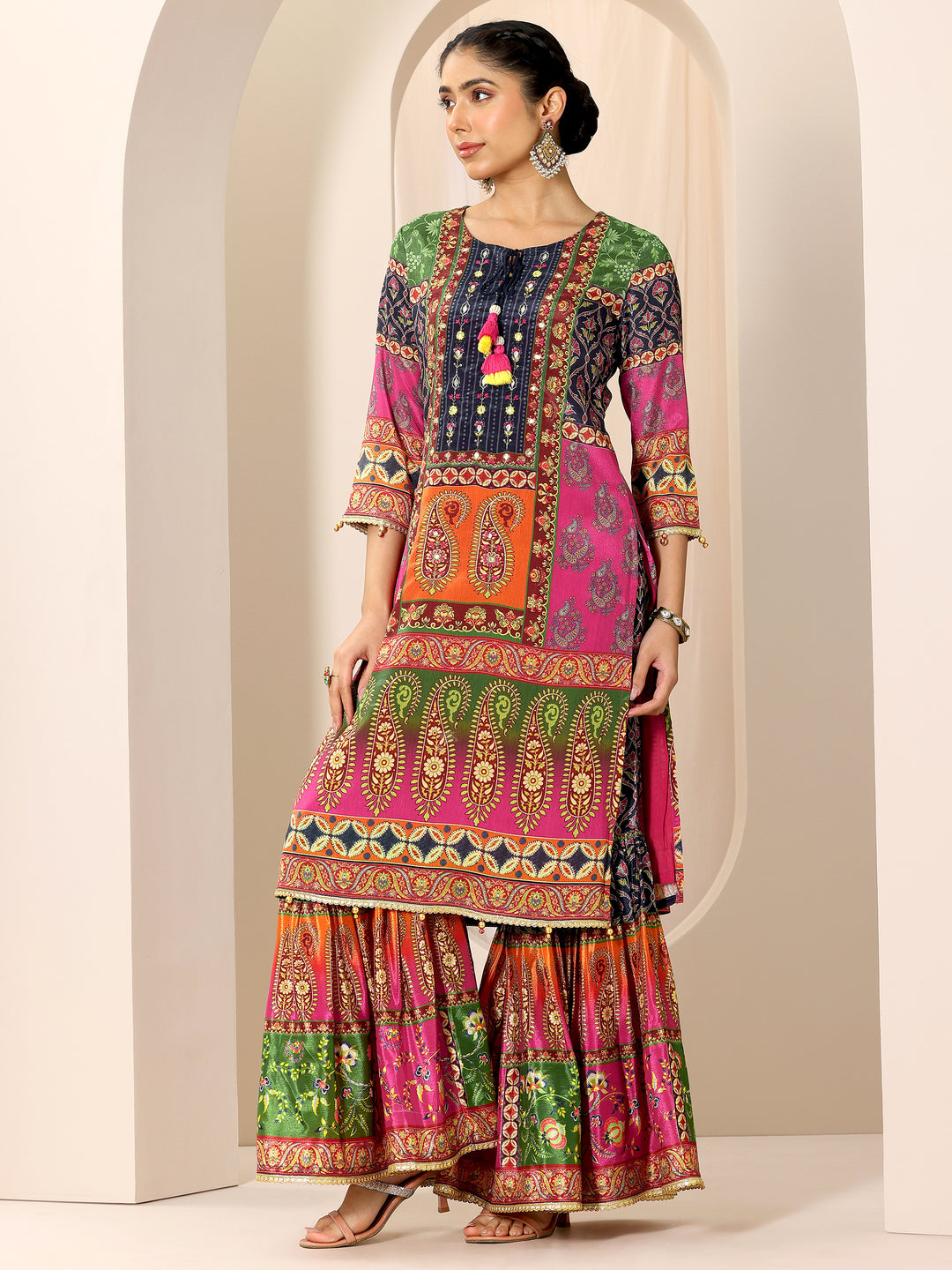 Multi Printed Chinon Straight Sharara Suit Set With Dupatta