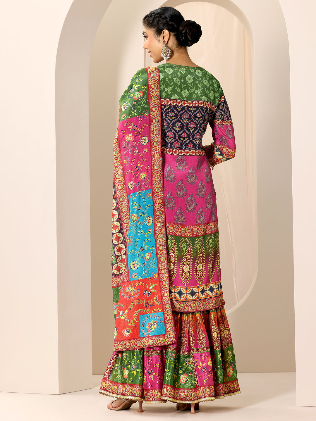 Multi Printed Chinon Straight Sharara Suit Set With Dupatta