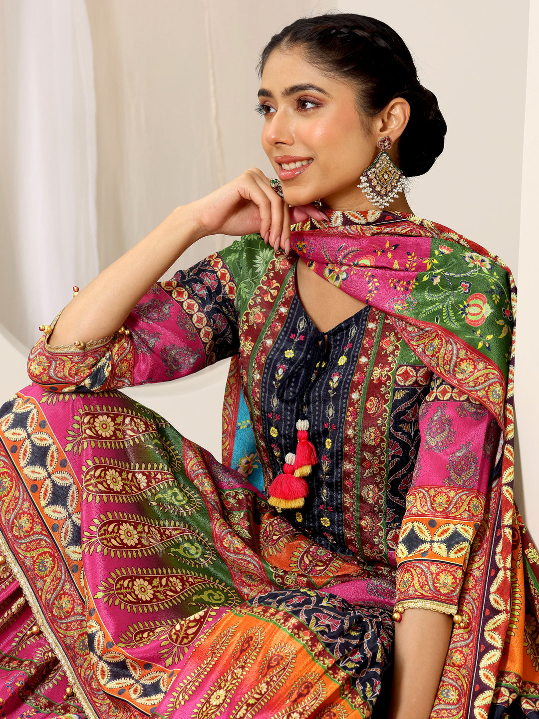 Multi Printed Chinon Straight Sharara Suit Set With Dupatta