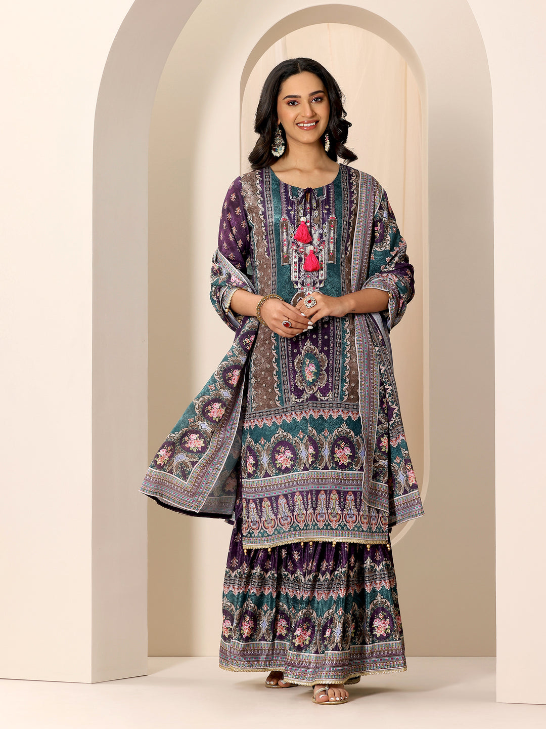 Multi Printed Chinon Straight Sharara Suit Set With Dupatta