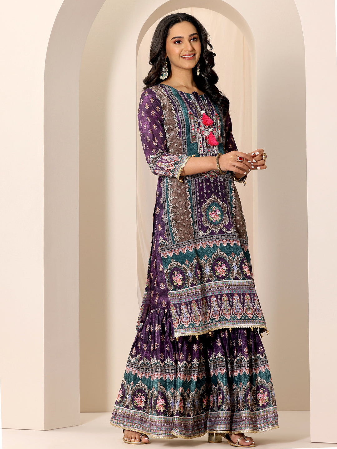 Multi Printed Chinon Straight Sharara Suit Set With Dupatta