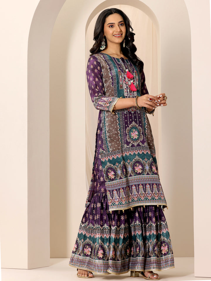 Multi Printed Chinon Straight Sharara Suit Set With Dupatta