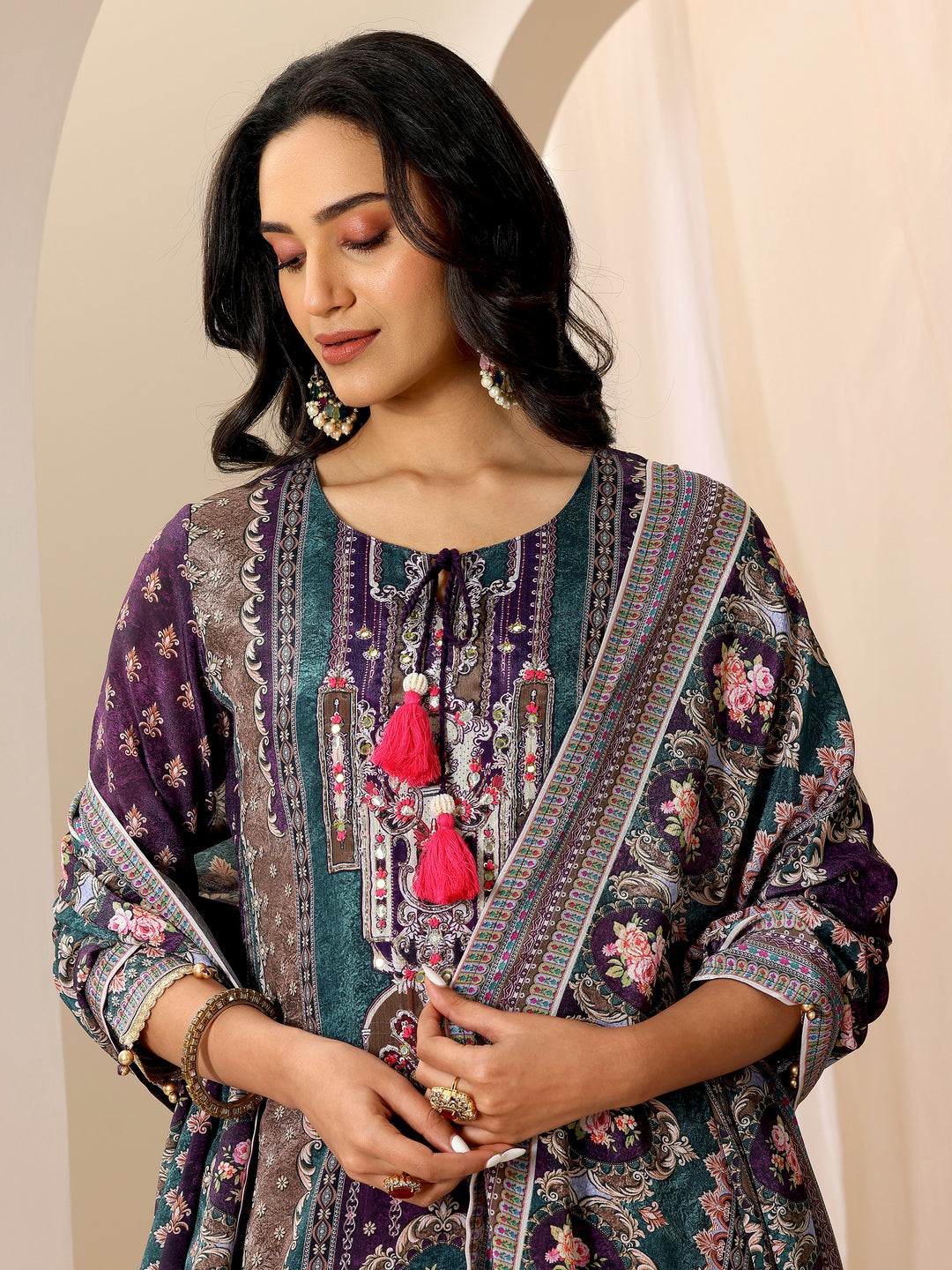 Multi Printed Chinon Straight Sharara Suit Set With Dupatta