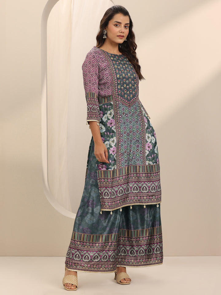 Grey Printed Chinon Straight Suit Set With Dupatta