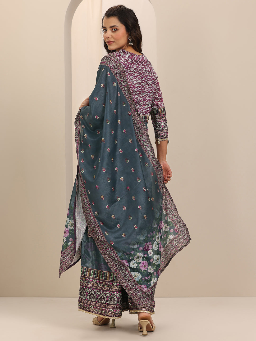 Grey Printed Chinon Straight Suit Set With Dupatta