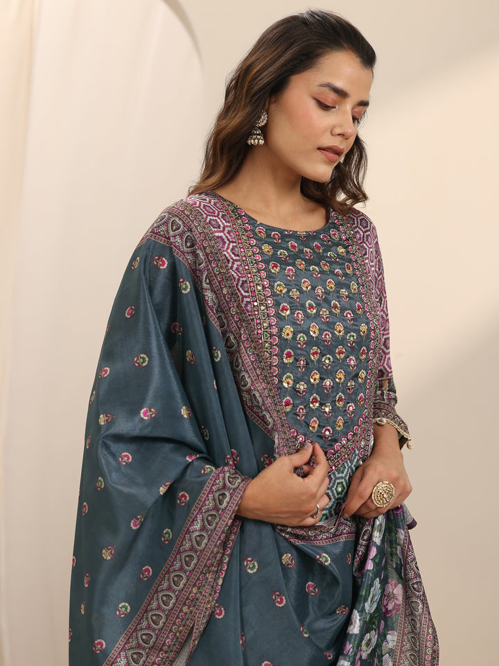 Grey Printed Chinon Straight Suit Set With Dupatta
