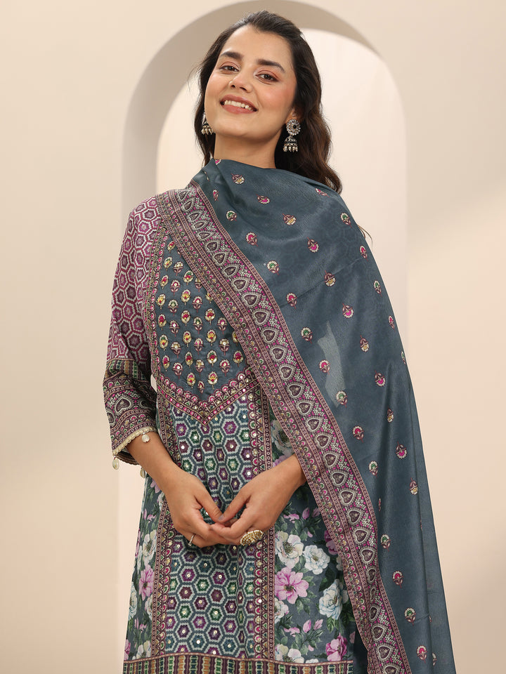 Grey Printed Chinon Straight Suit Set With Dupatta