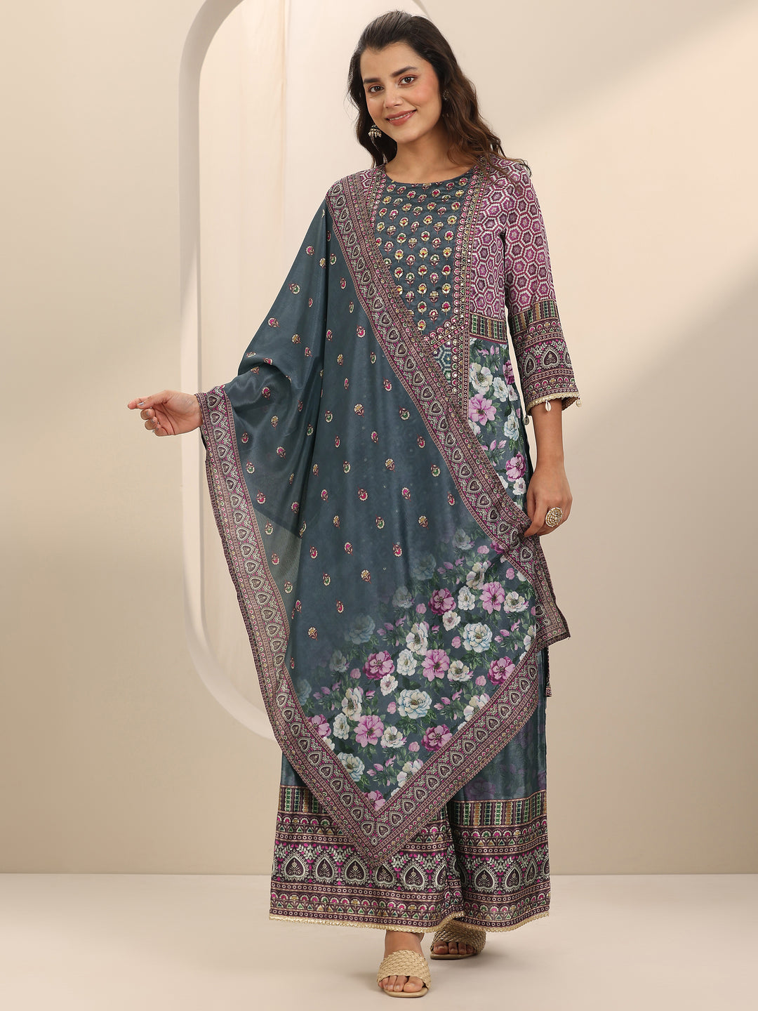 Grey Printed Chinon Straight Suit Set With Dupatta