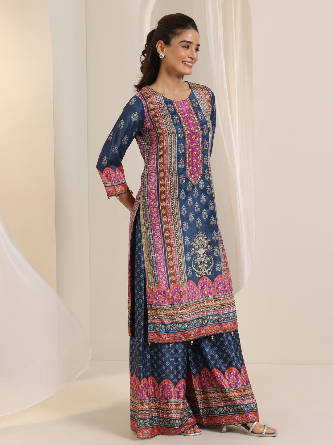 Blue Printed Chinon Straight Suit Set With Dupatta