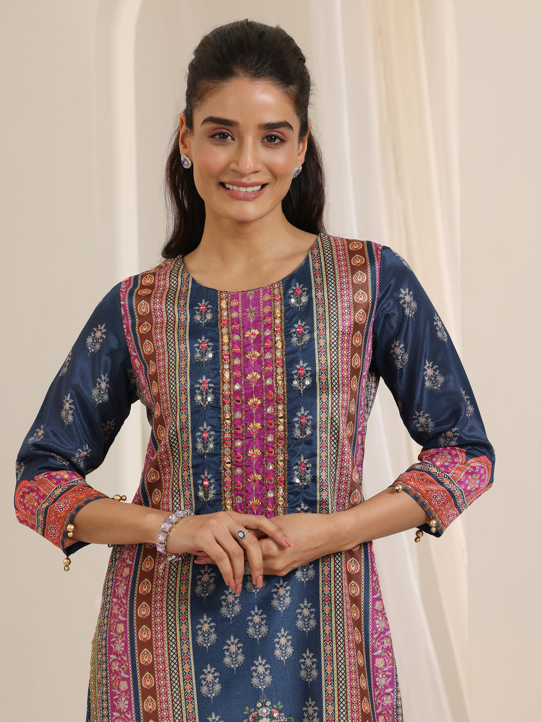 Blue Printed Chinon Straight Suit Set With Dupatta