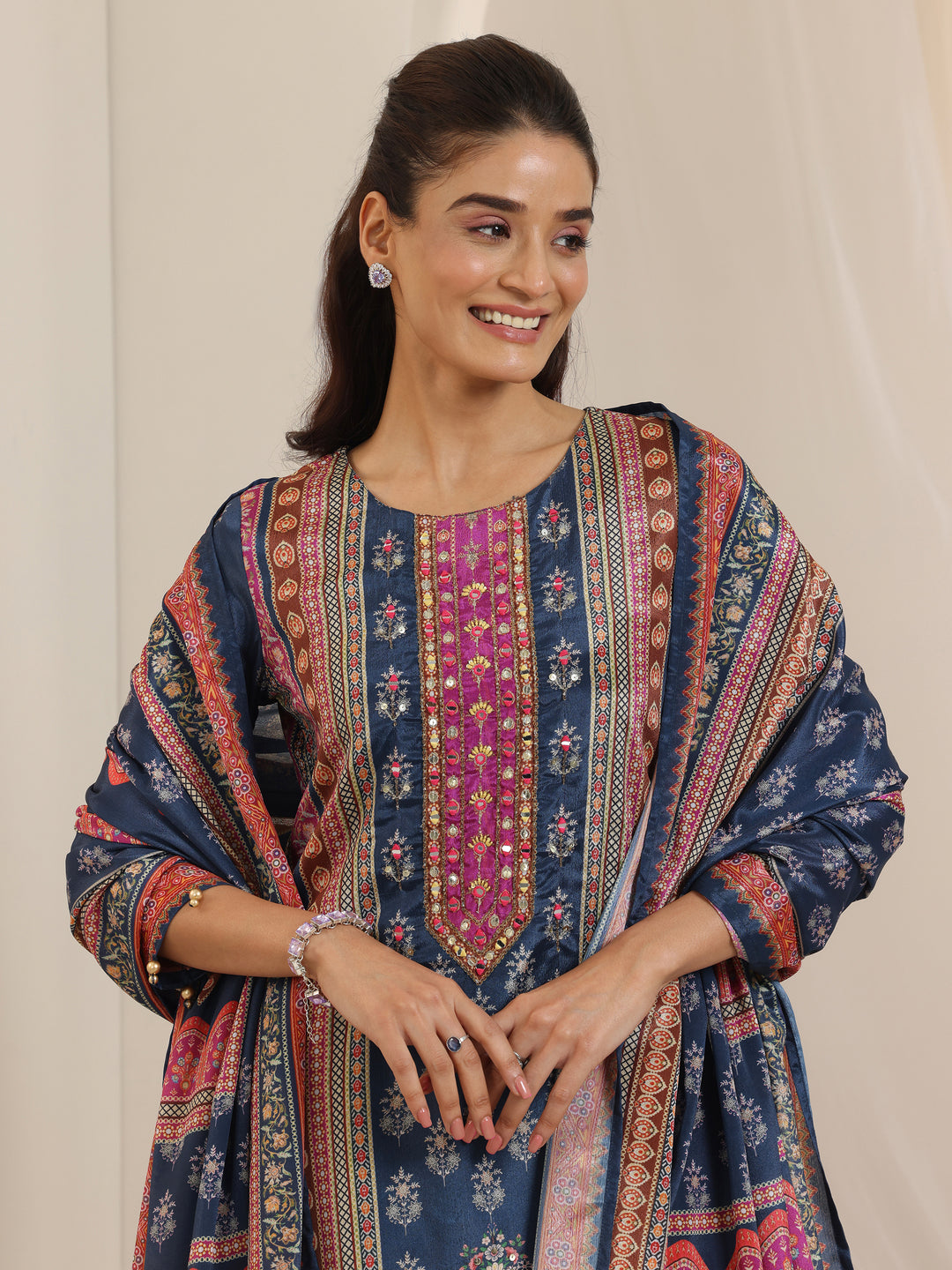 Blue Printed Chinon Straight Suit Set With Dupatta