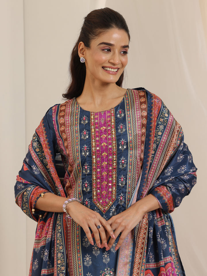 Blue Printed Chinon Straight Suit Set With Dupatta