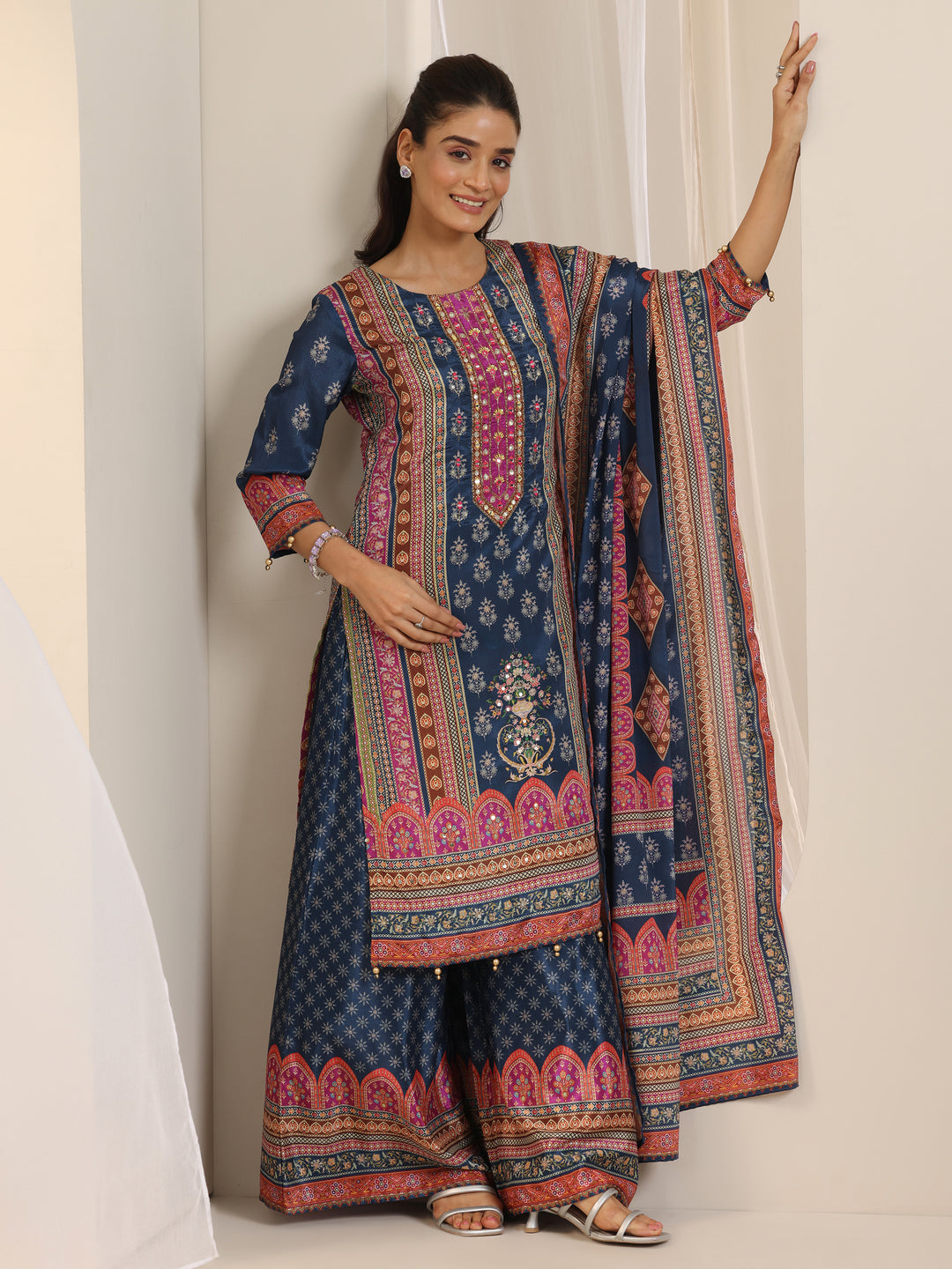 Blue Printed Chinon Straight Suit Set With Dupatta
