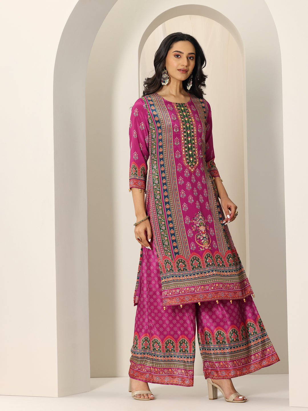 Pink Printed Chinon Straight Suit Set With Dupatta