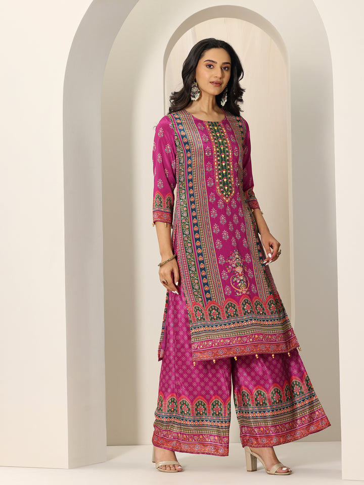 Pink Printed Chinon Straight Suit Set With Dupatta