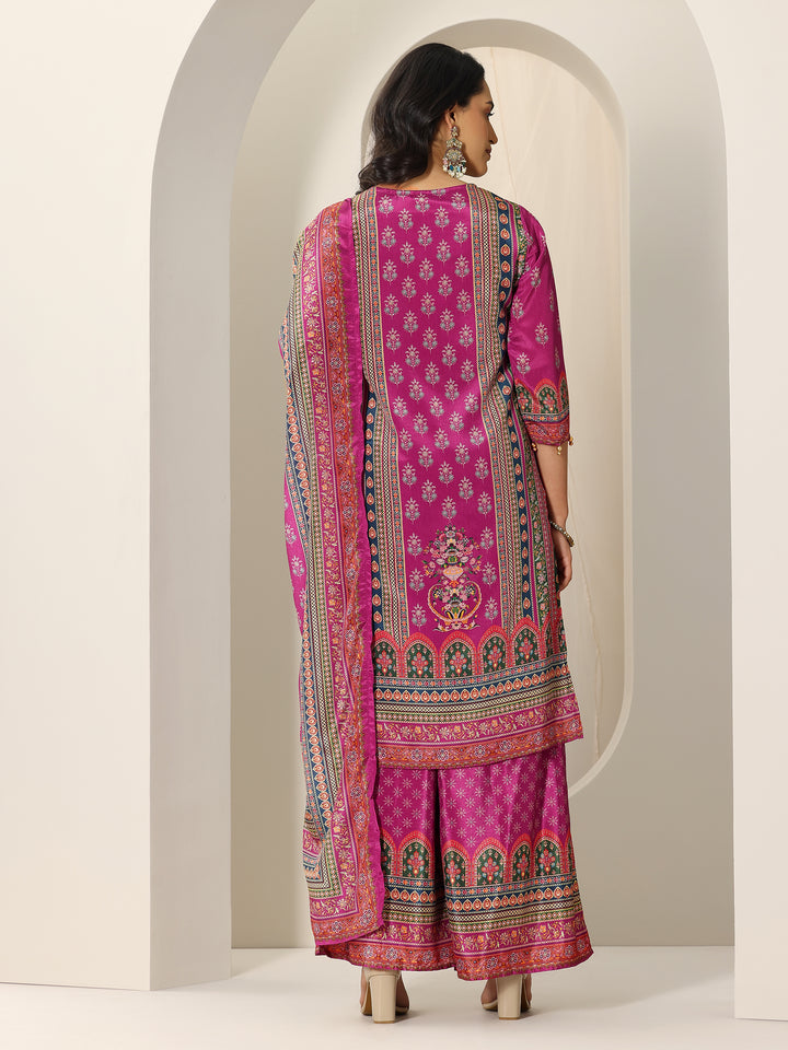 Pink Printed Chinon Straight Suit Set With Dupatta