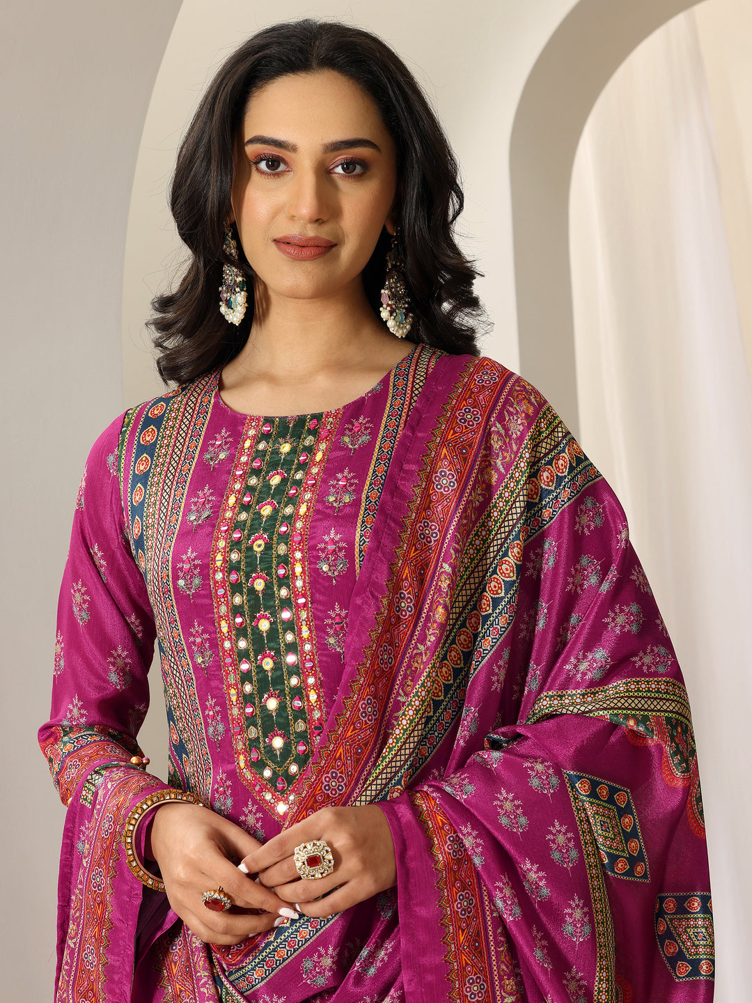 Pink Printed Chinon Straight Suit Set With Dupatta