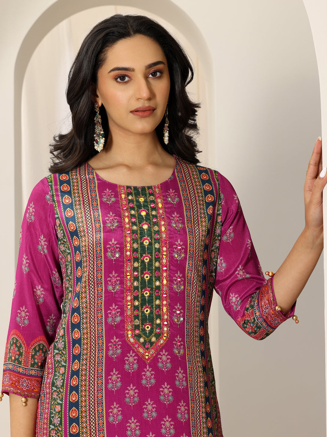 Pink Printed Chinon Straight Suit Set With Dupatta