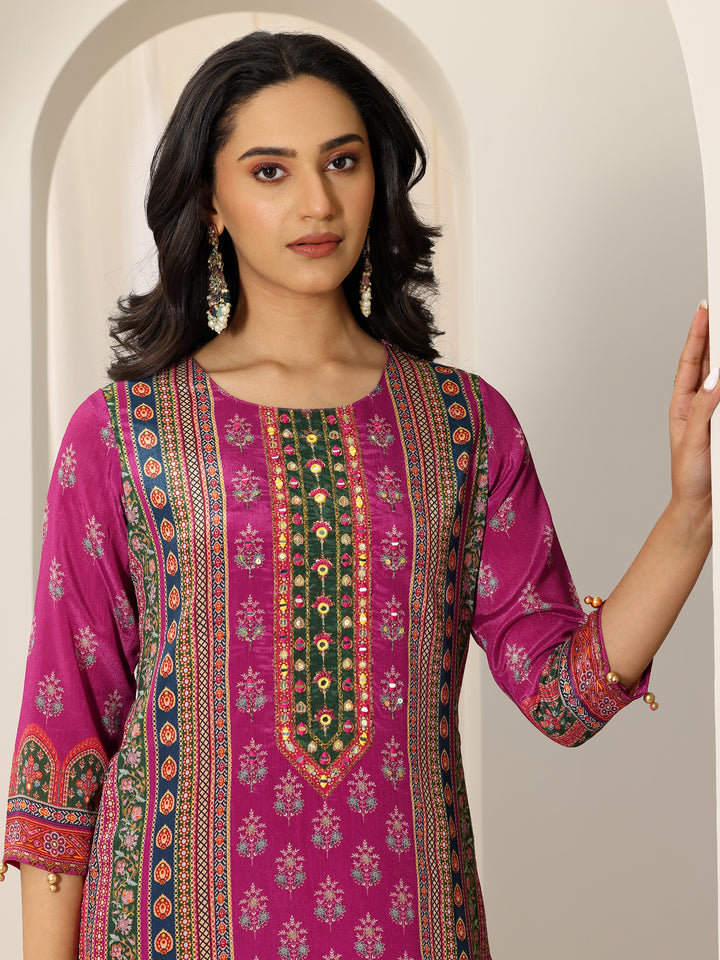 Pink Printed Chinon Straight Suit Set With Dupatta