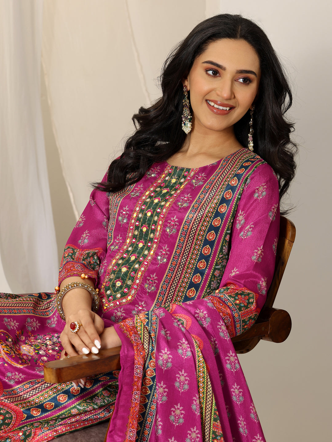 Pink Printed Chinon Straight Suit Set With Dupatta