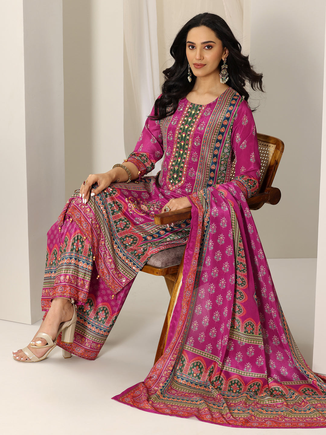 Pink Printed Chinon Straight Suit Set With Dupatta