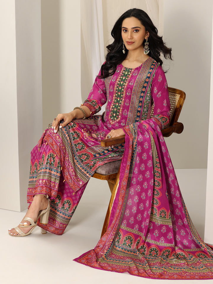 Pink Printed Chinon Straight Suit Set With Dupatta