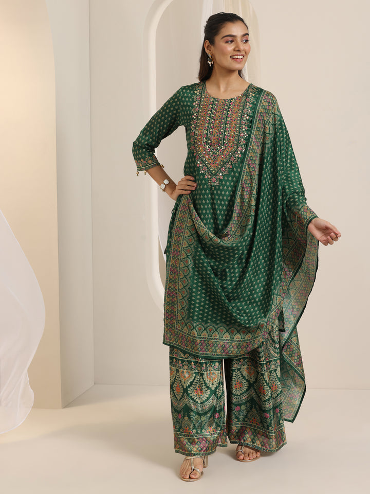 Green Printed Chinon Straight Suit Set With Dupatta