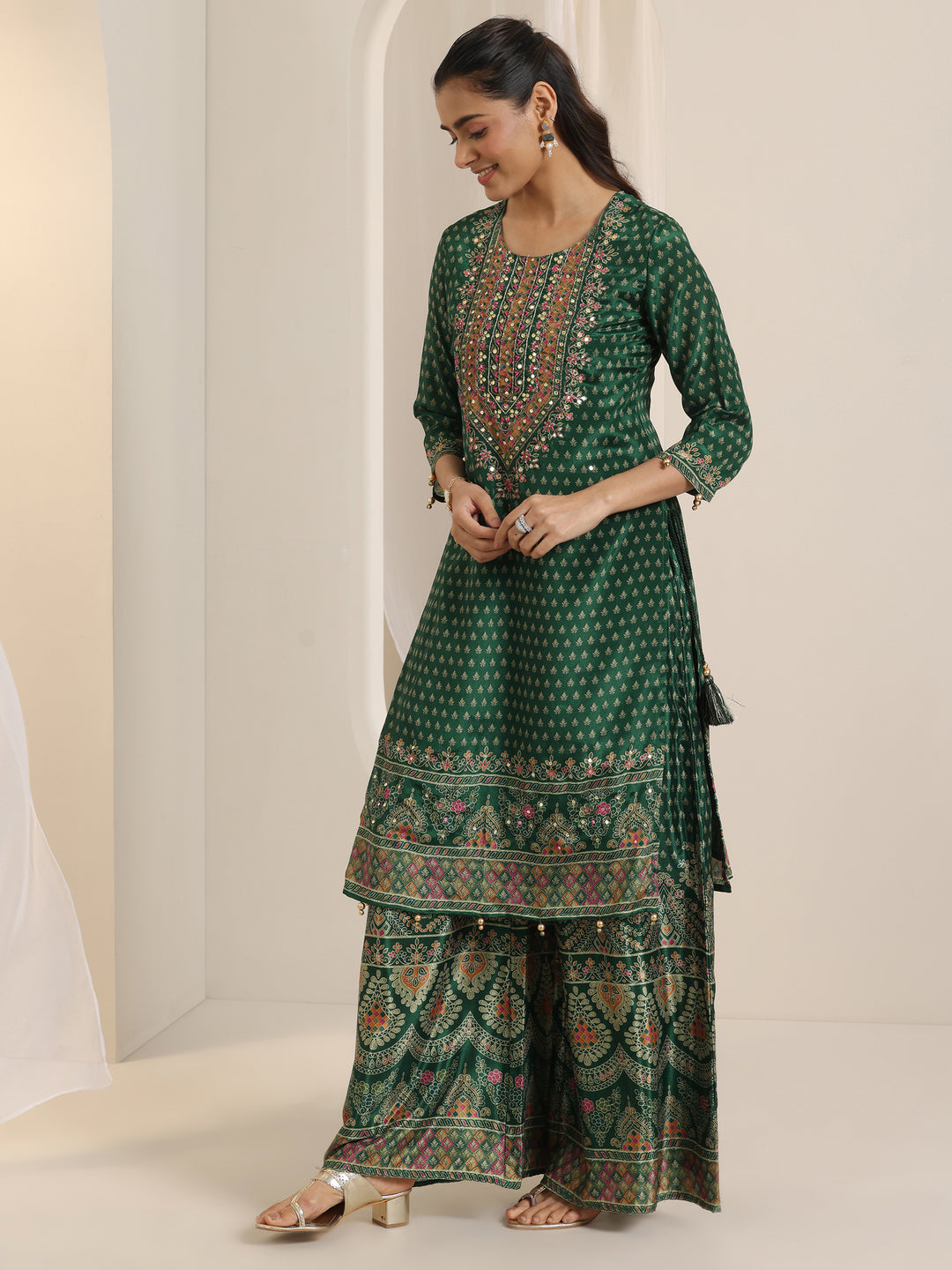 Green Printed Chinon Straight Suit Set With Dupatta