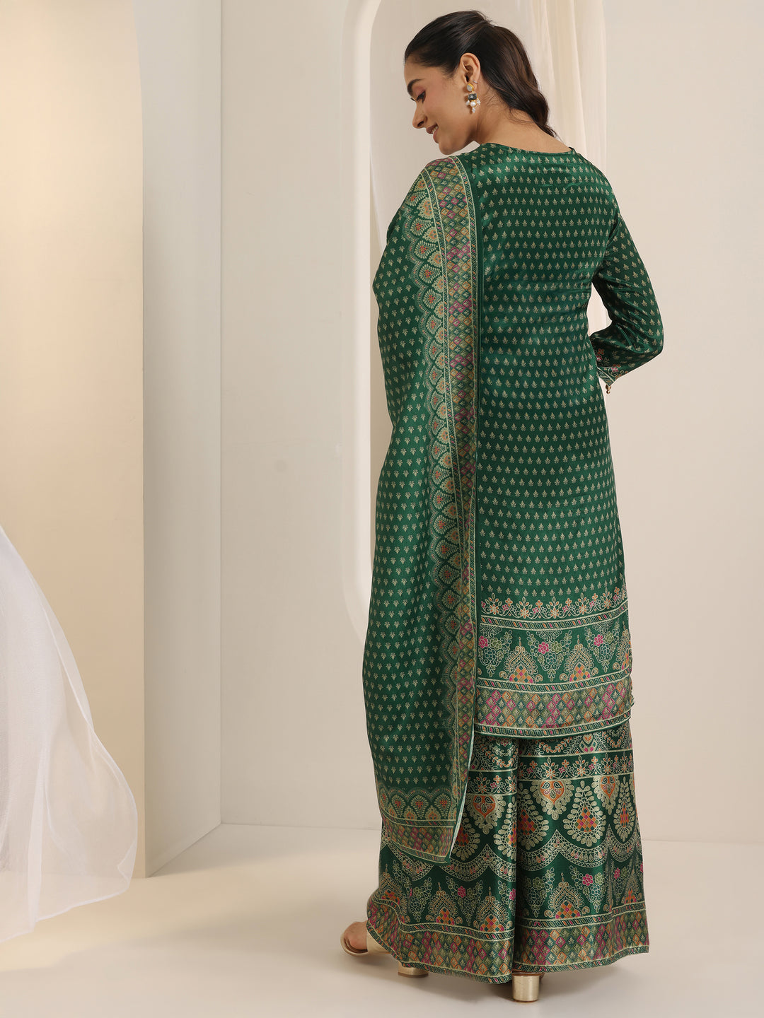 Green Printed Chinon Straight Suit Set With Dupatta