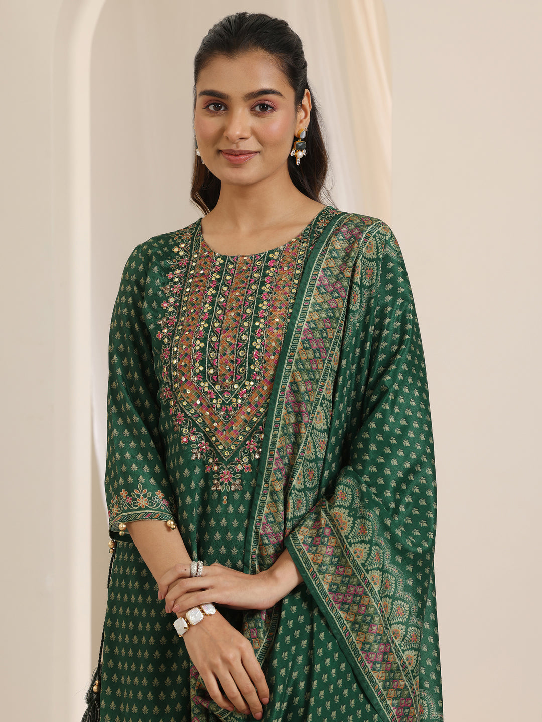 Green Printed Chinon Straight Suit Set With Dupatta