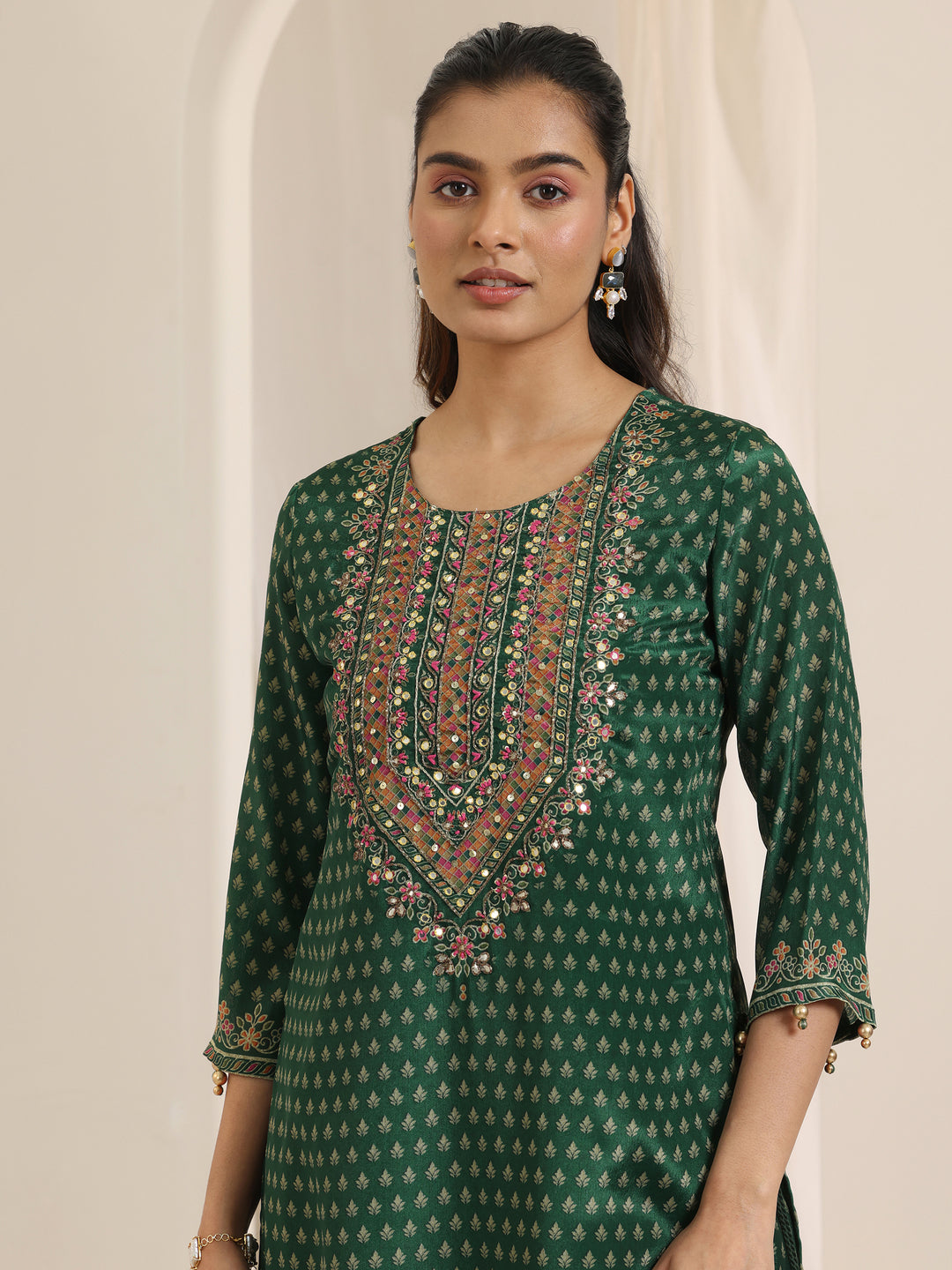 Green Printed Chinon Straight Suit Set With Dupatta