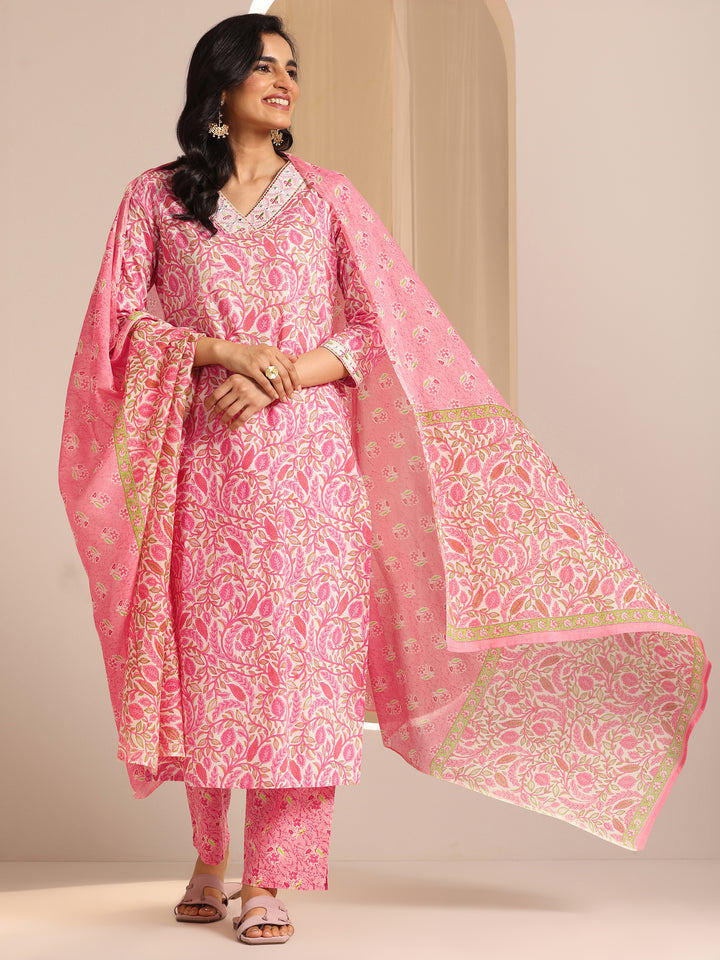 Pink Printed Cotton Straight Suit Set With Dupatta