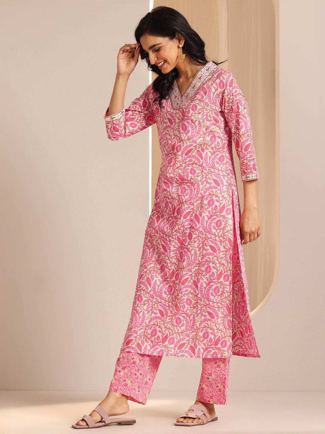 Pink Printed Cotton Straight Suit Set With Dupatta
