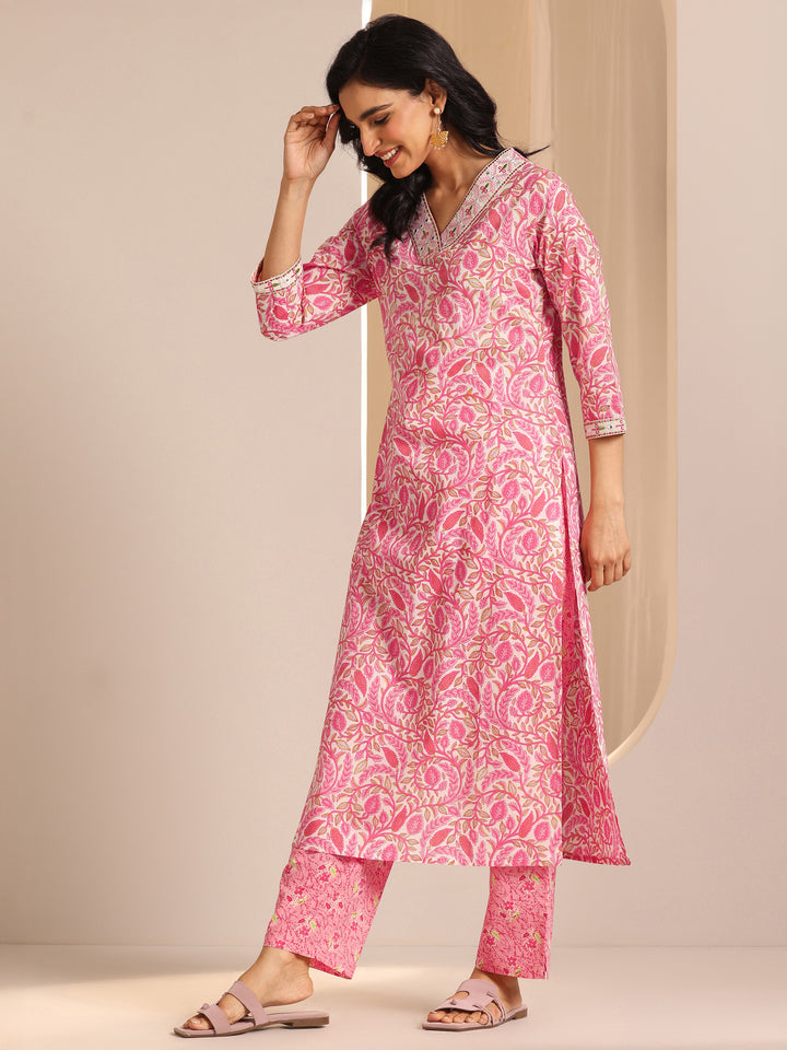 Pink Printed Cotton Straight Suit Set With Dupatta
