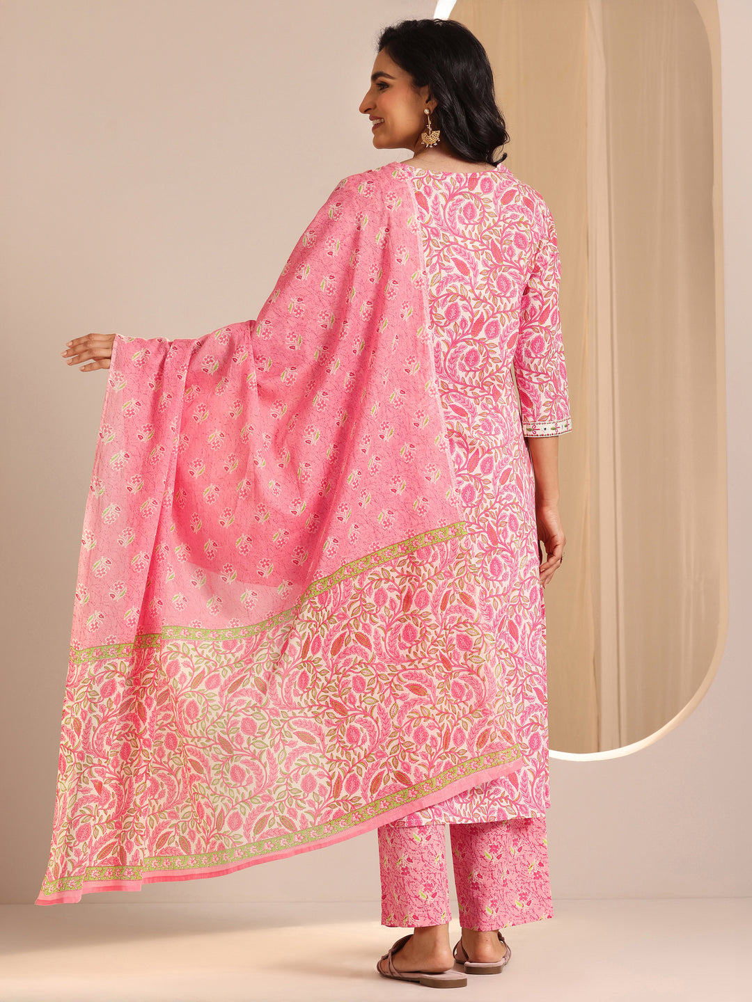 Pink Printed Cotton Straight Suit Set With Dupatta