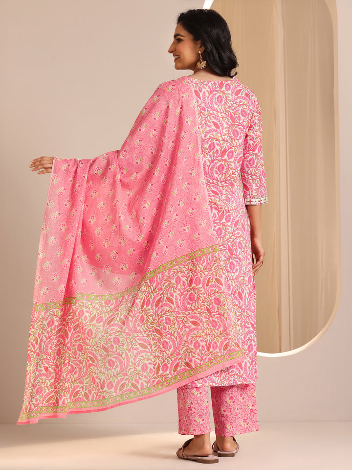 Pink Printed Cotton Straight Suit Set With Dupatta
