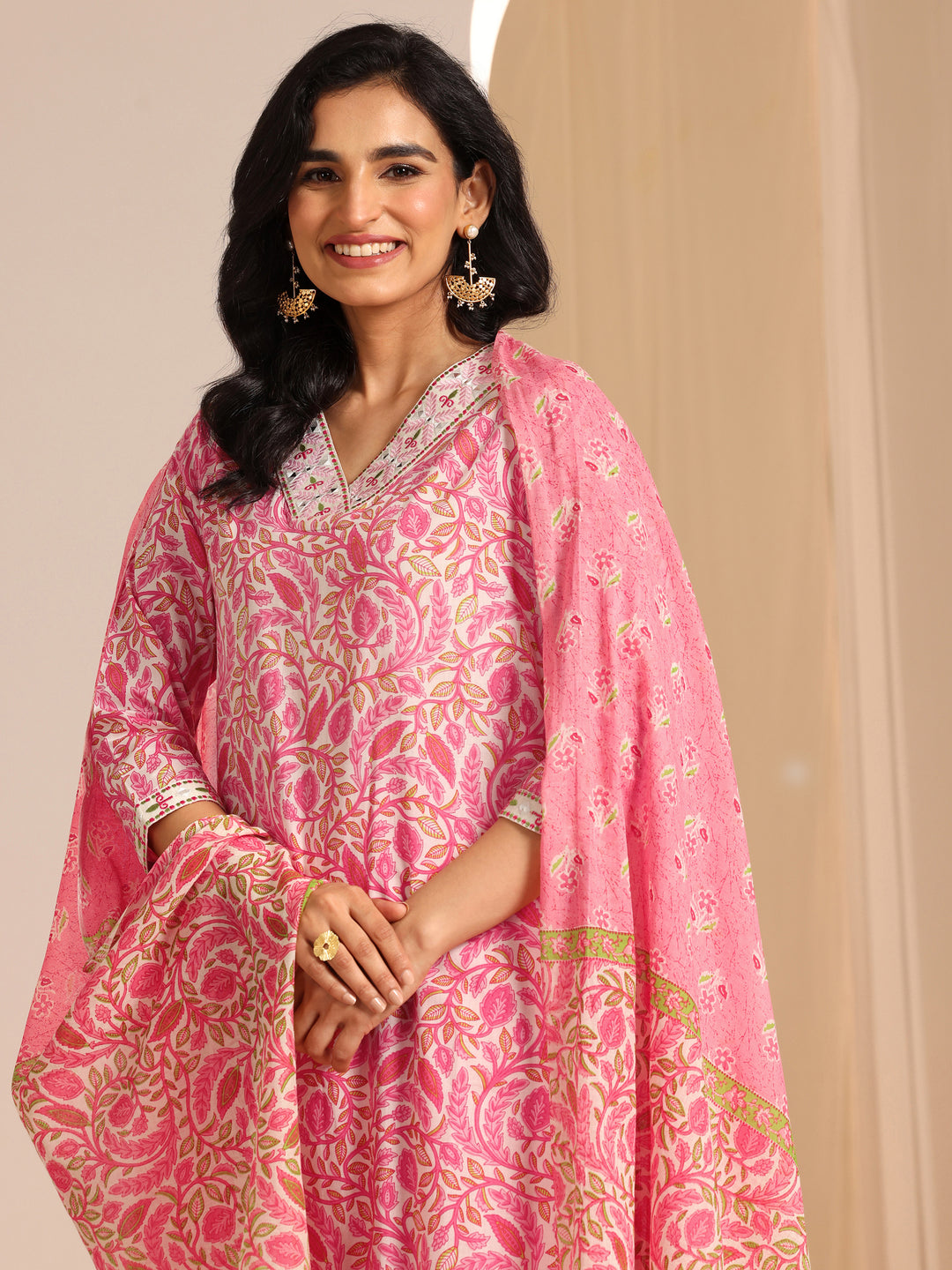 Pink Printed Cotton Straight Suit Set With Dupatta