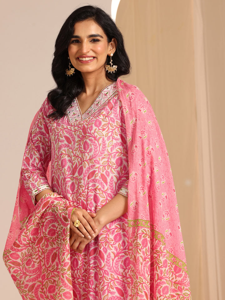 Pink Printed Cotton Straight Suit Set With Dupatta