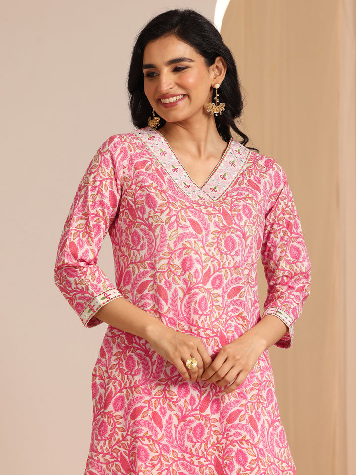 Pink Printed Cotton Straight Suit Set With Dupatta