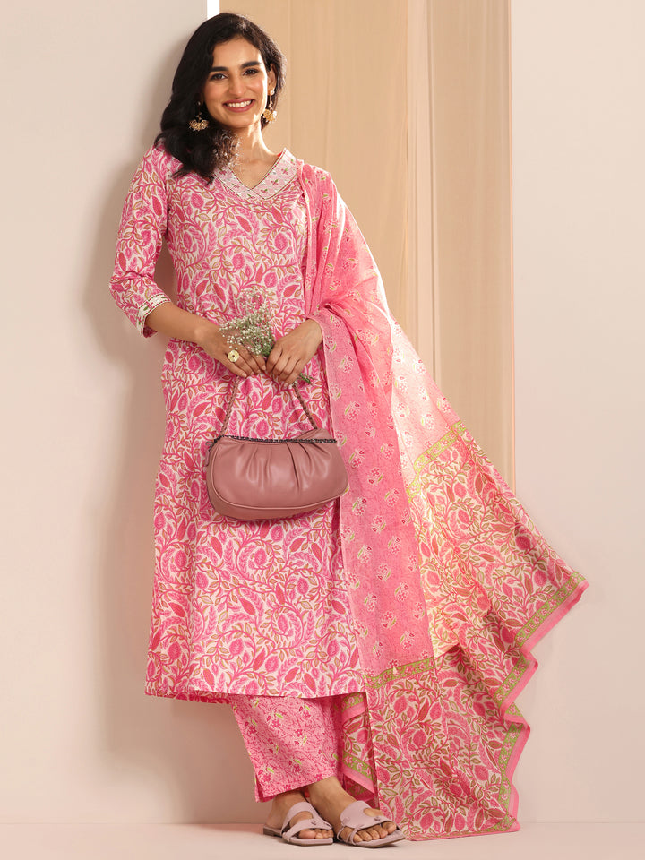 Pink Printed Cotton Straight Suit Set With Dupatta