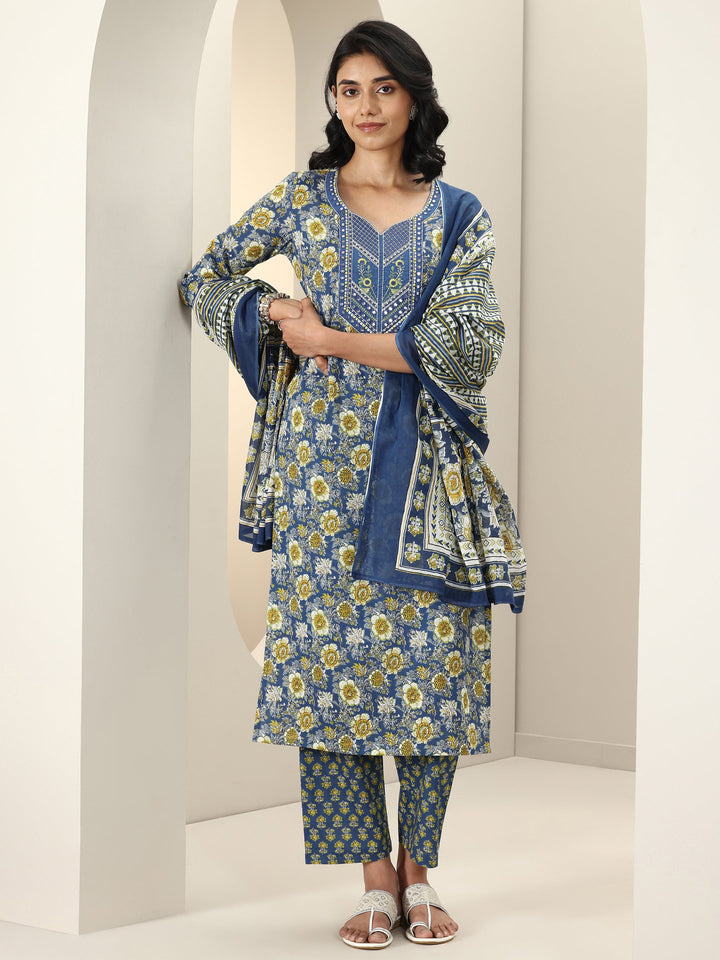 Blue Printed Cotton Straight Suit Sets With Dupatta