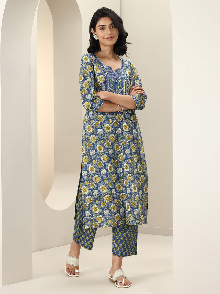Blue Printed Cotton Straight Suit Sets With Dupatta