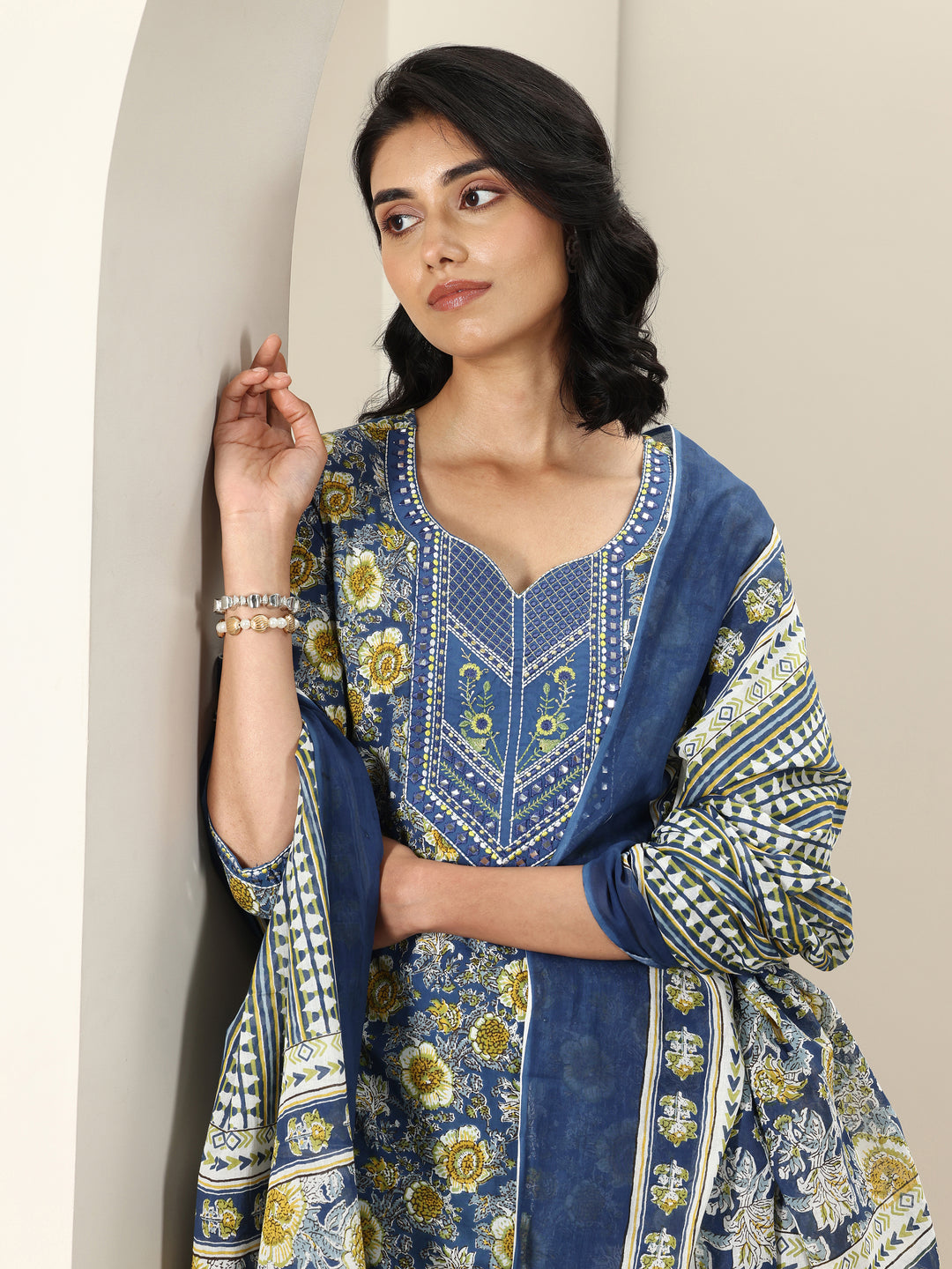 Blue Printed Cotton Straight Suit Sets With Dupatta