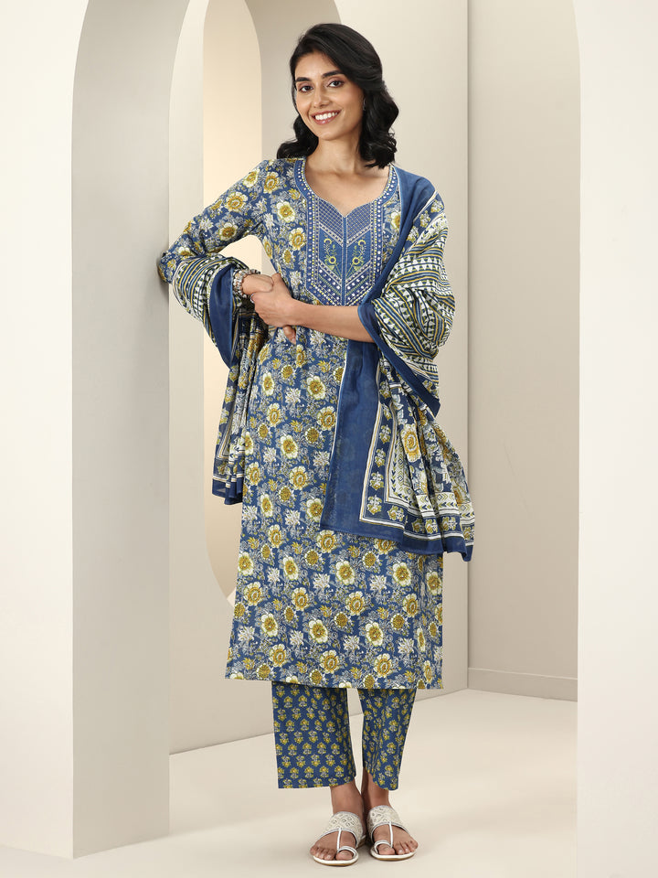 Blue Printed Cotton Straight Suit Sets With Dupatta