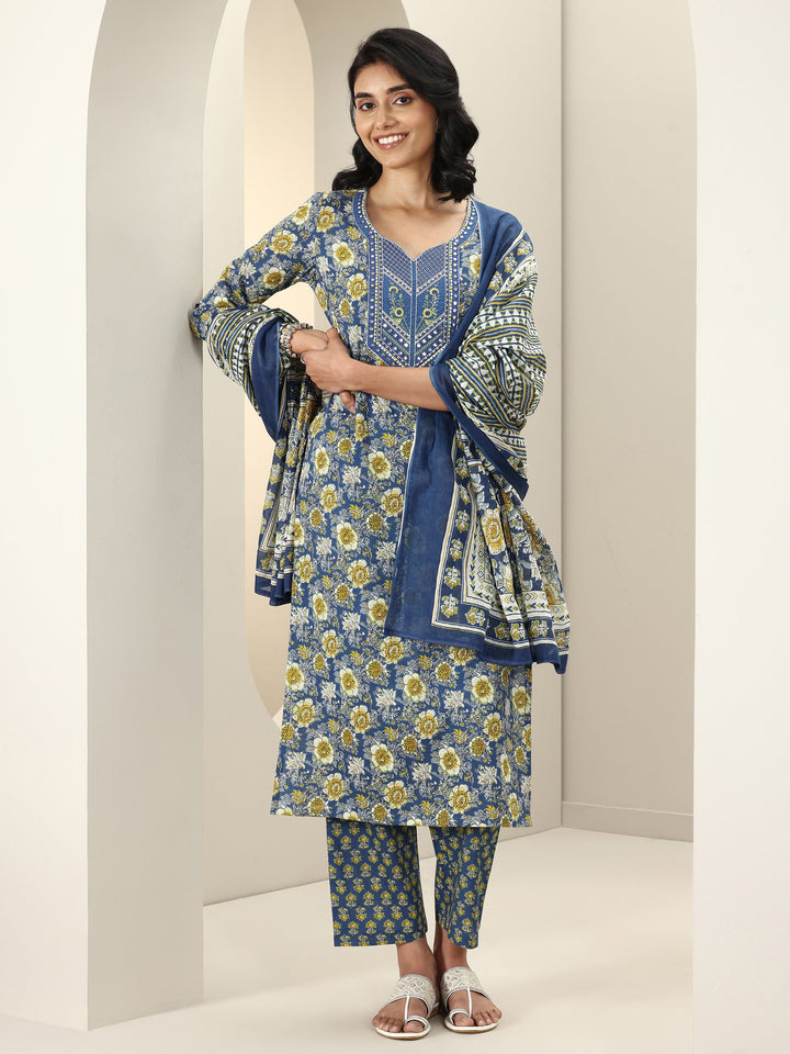 Blue Printed Cotton Straight Suit Sets With Dupatta