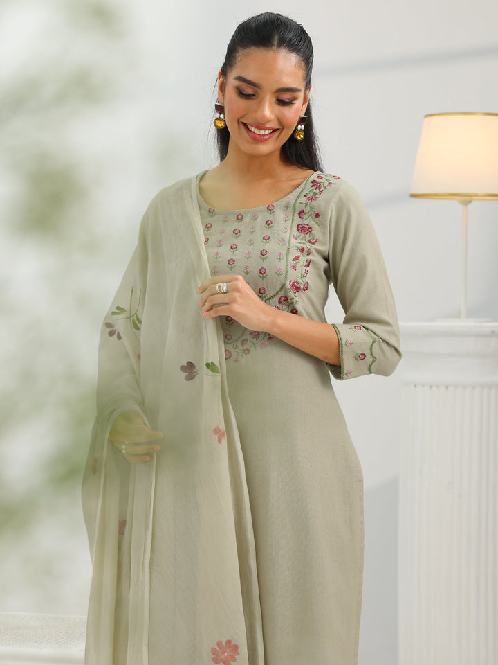 Beige Yoke Design Cotton Straight Suit Set With Dupatta