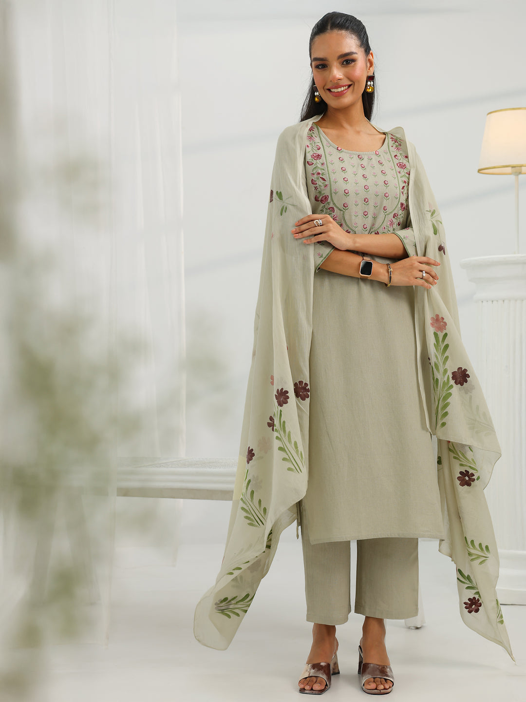 Beige Yoke Design Cotton Straight Suit Set With Dupatta
