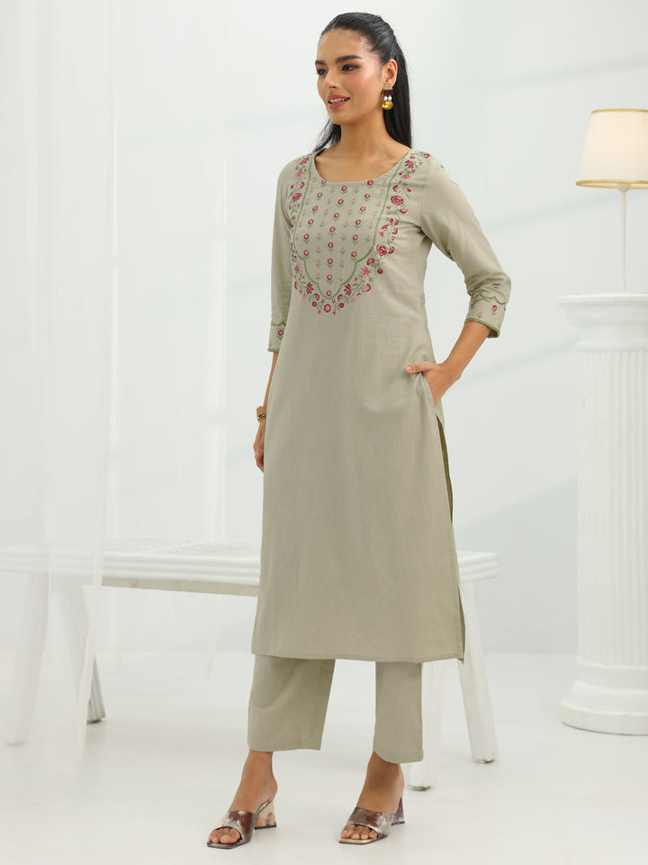 Beige Yoke Design Cotton Straight Suit Set With Dupatta