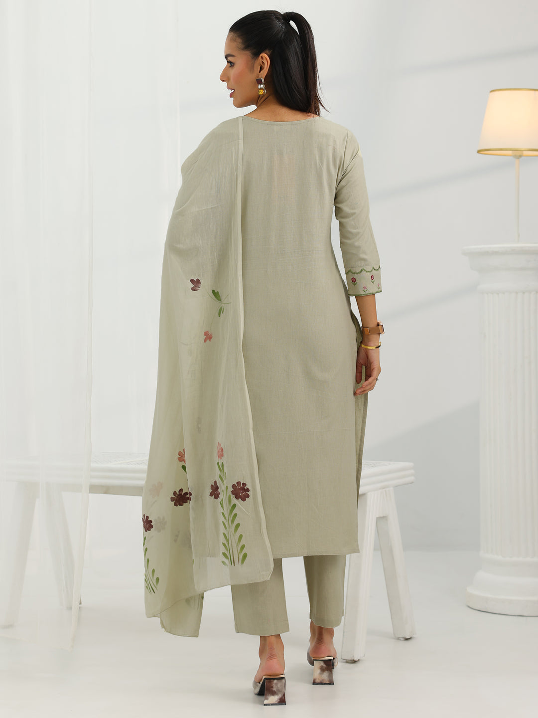 Beige Yoke Design Cotton Straight Suit Set With Dupatta